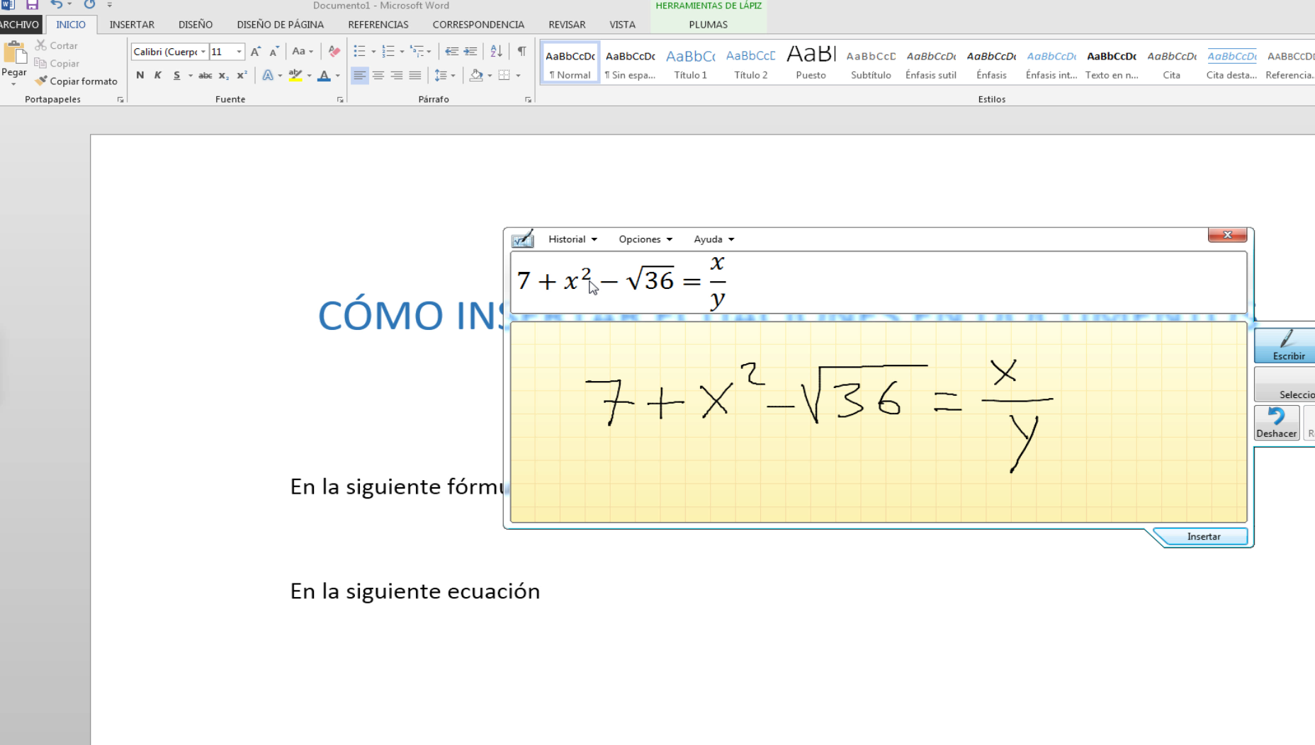 insertar ecuaciones formulas panel entrada matematica word